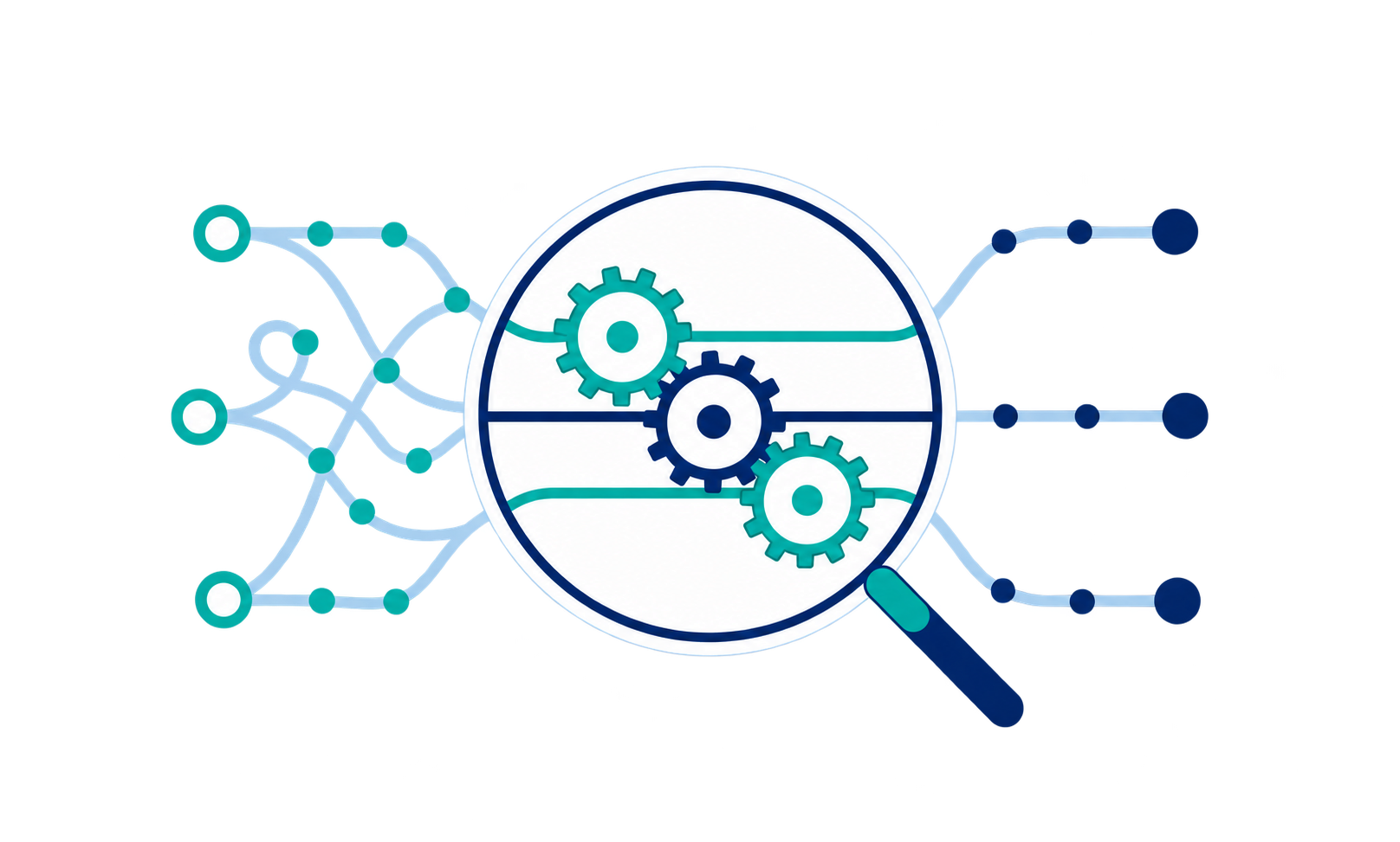 Tangled paths become clear, aligned connections through a magnifying glass containing three meshing cogs.